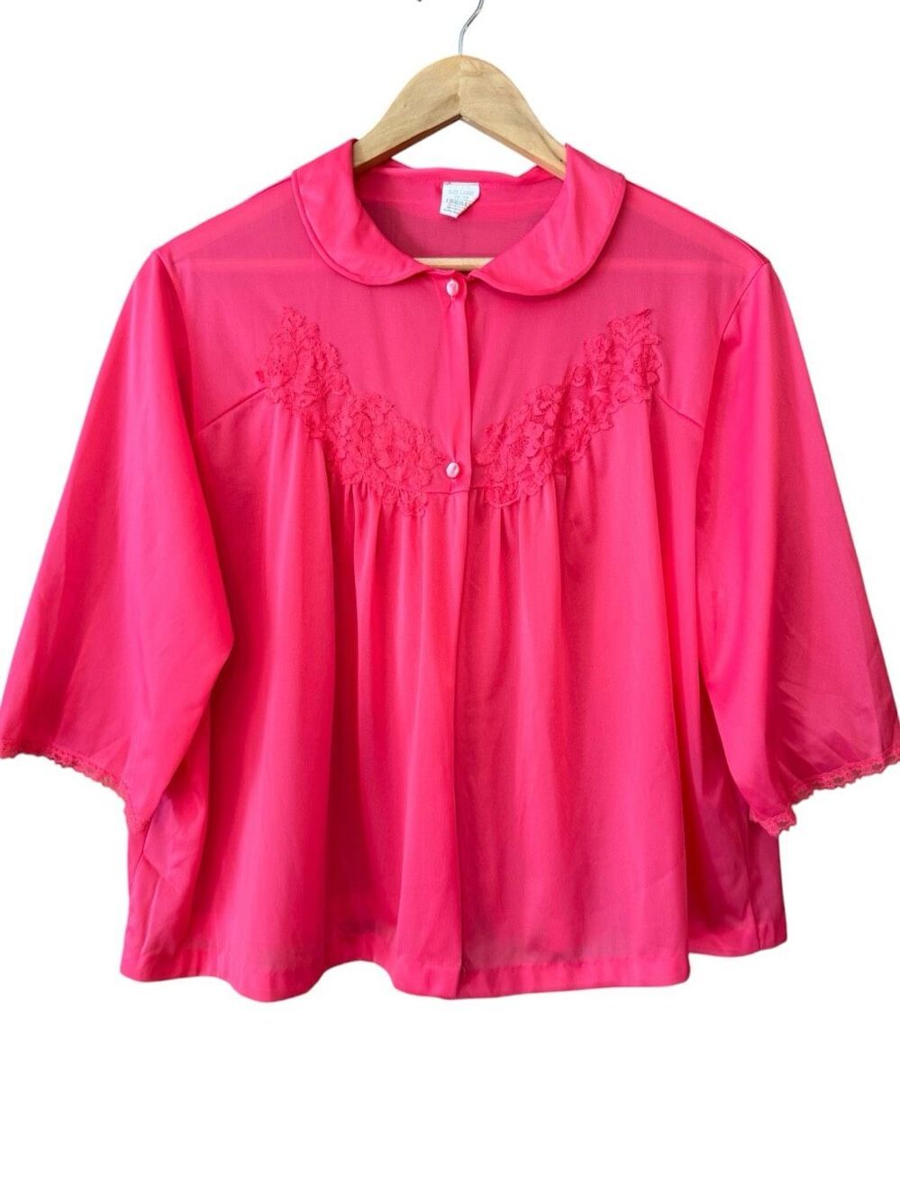 SEARS Vintage 60s Hot Pink Sheer Nylon Lace Bed Jacket Peter Pan Collar L